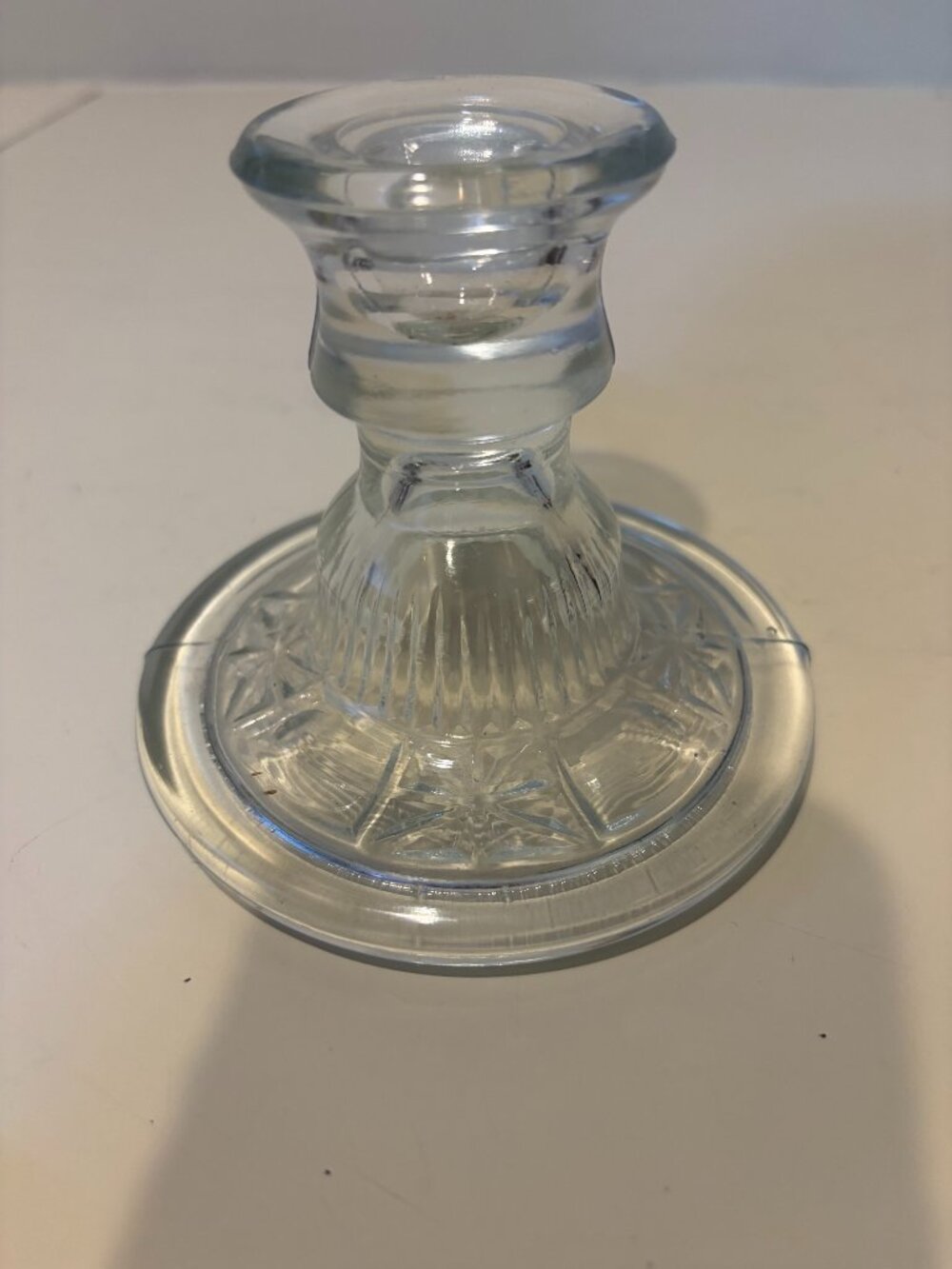 VINTAGE L.E. SMITH MID-CENTURY STAR & THUMBPRINT CLEAR GLASS CANDLE HOLDER
